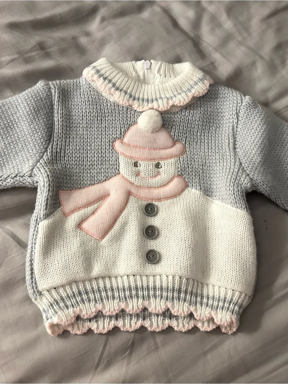 Baby Snowman Knit Pullover - Pink, Gray & Cream